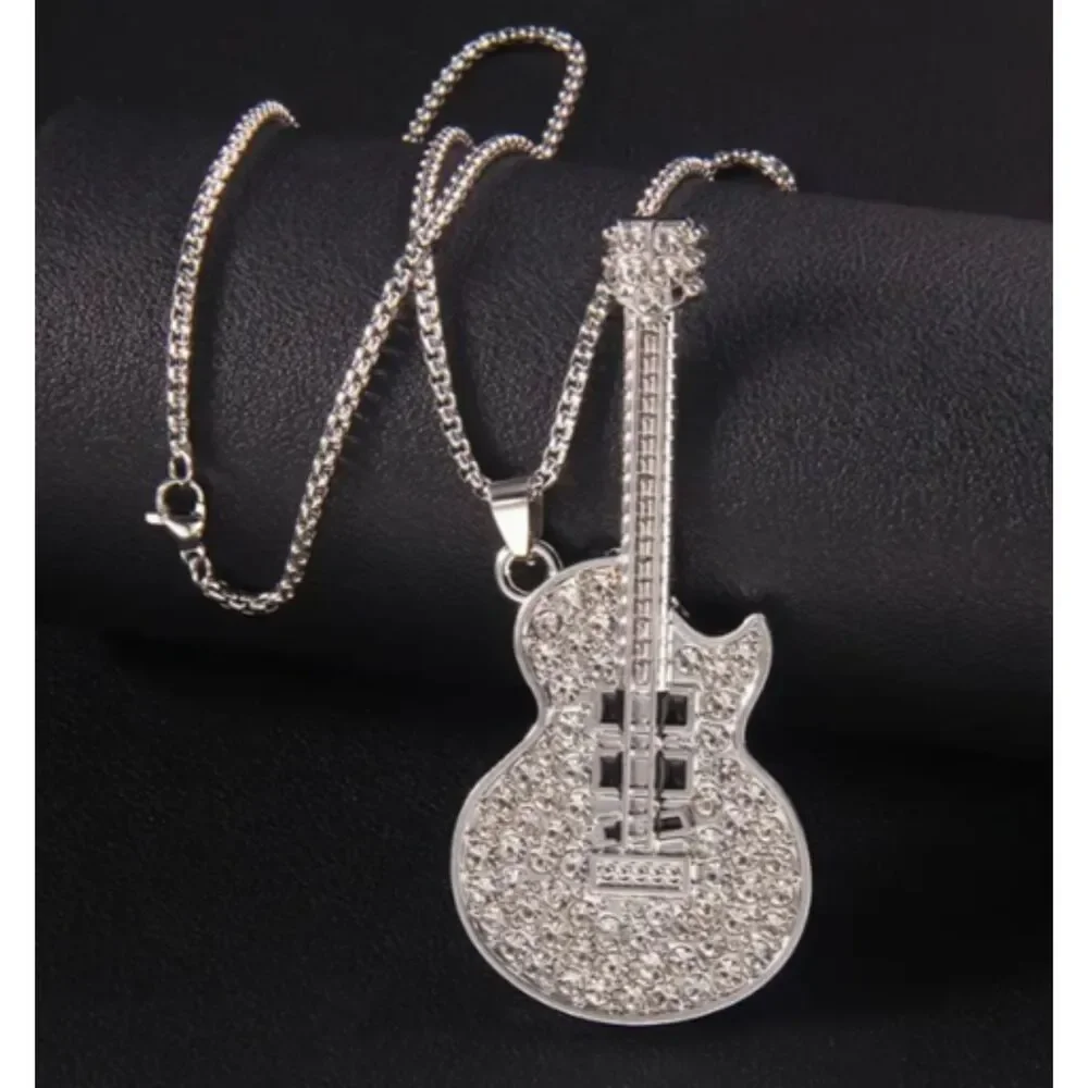 Large Silver ICED Rhinestone Guitar Necklace Men Women Teens